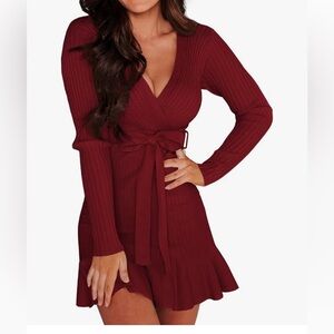 Burgundy Sweater Dress, Wrap Front Mini Dress - Holiday Party - Red Dress, Knit